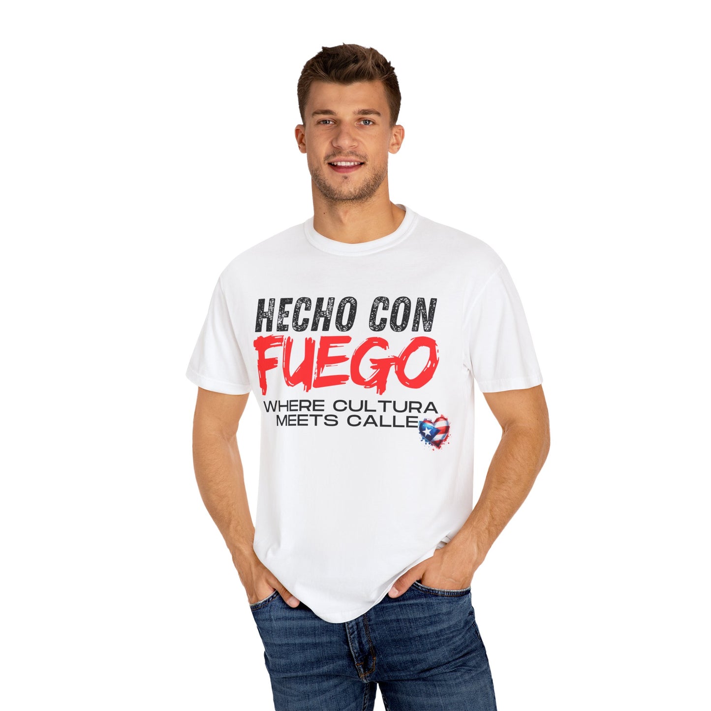 FUEGO T-Shirt, Boricua Pride Graphic Tee, Spanglish Streetwear, Puerto Rican Flag Heart Design
