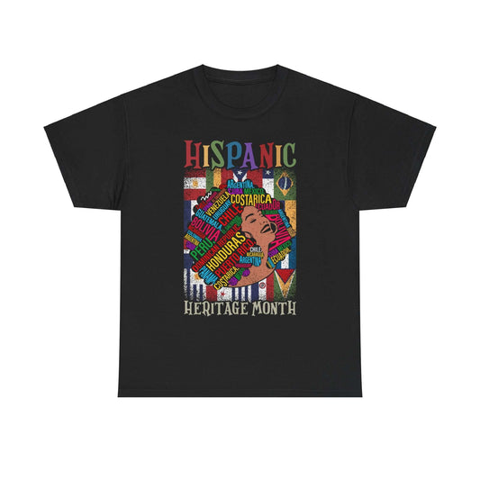 Hispanic Heritage Tee with flags in a portrait design for Heritage Month celebration
