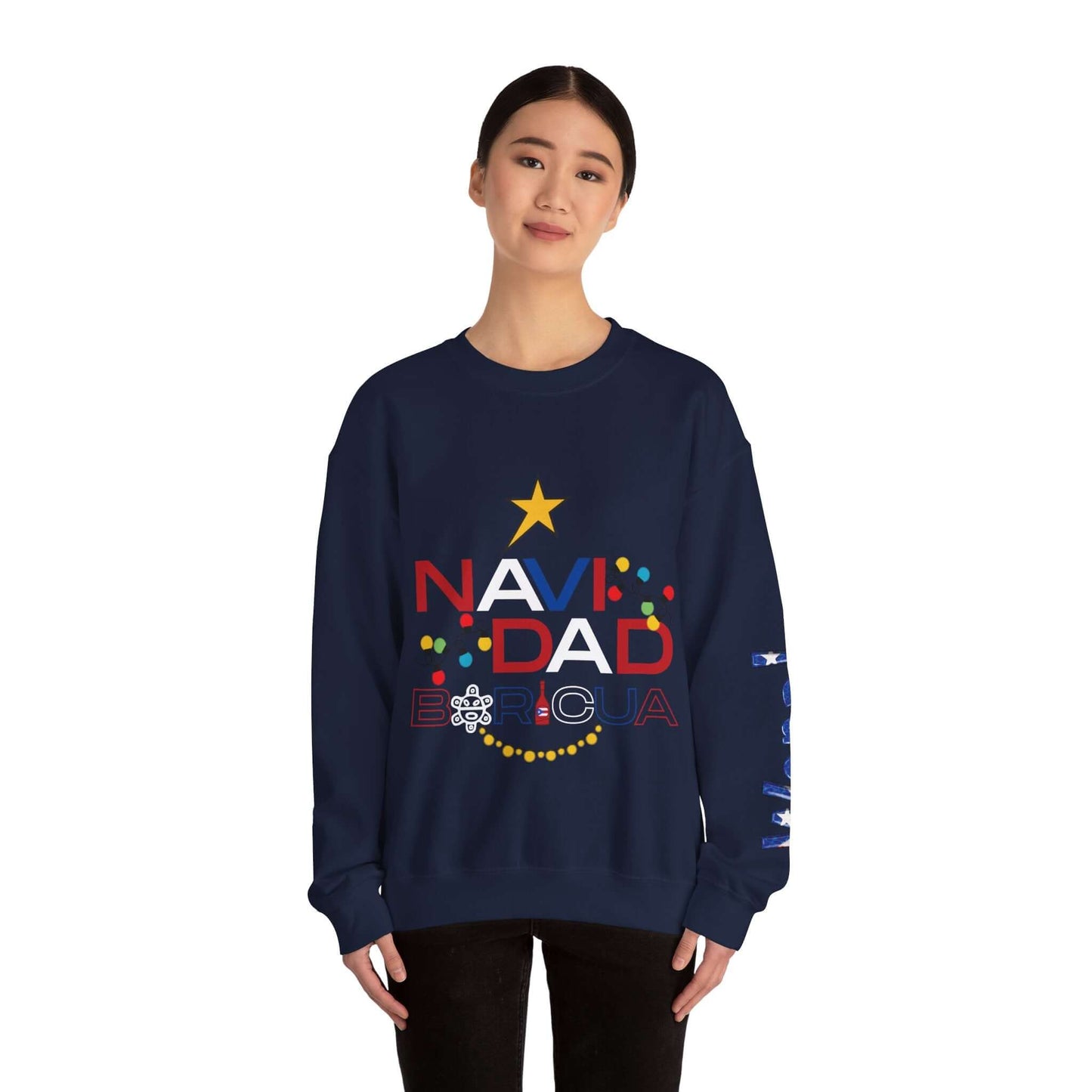 Woman wearing a customizable Christmas sweater with "NAVIDAD BORICUA" design, vibrant prints on left sleeve, perfect for festive season.