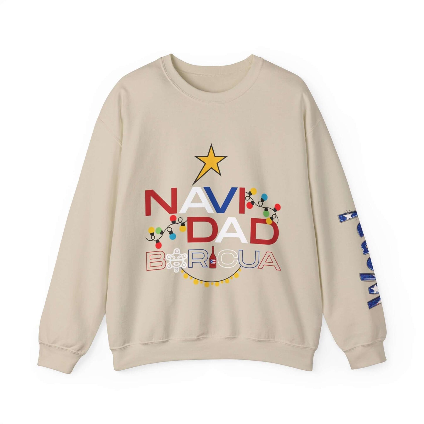 Cream Christmas sweater with "Navidad Boricua" text, star design, and festive prints on left sleeve. Perfect for holiday celebrations.