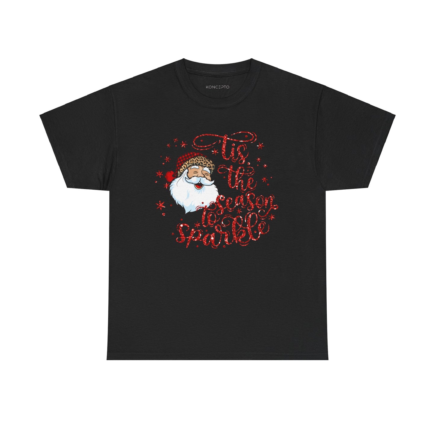 Black unisex tee featuring a festive Santa Claus design with the phrase 'Tis the Season to Sparkle' and glittery stars.