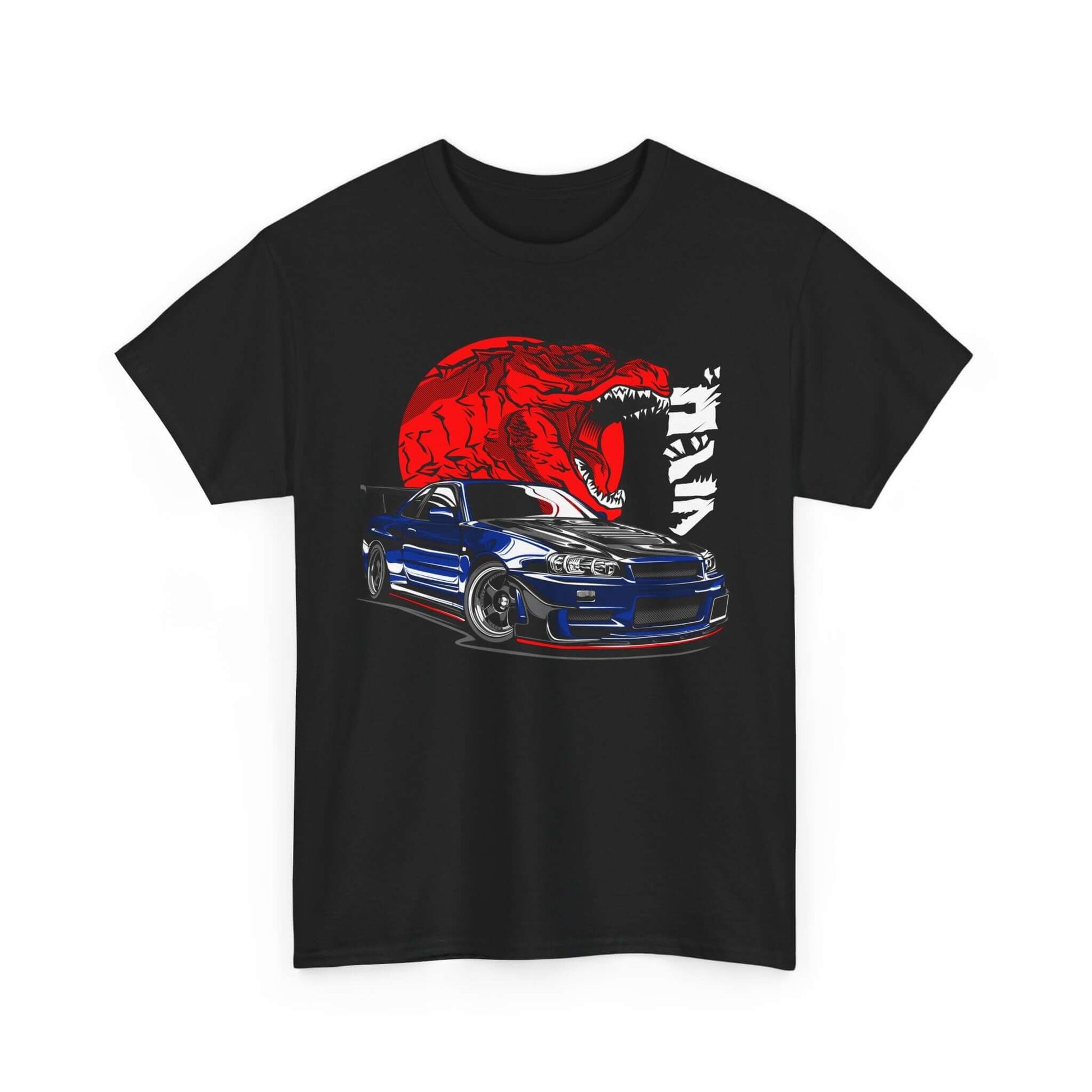 Dinosaur Street Racing Tee with T-Rex and JDM car design, perfect for dinosaur and car enthusiasts, featuring a cool and edgy vibe.
