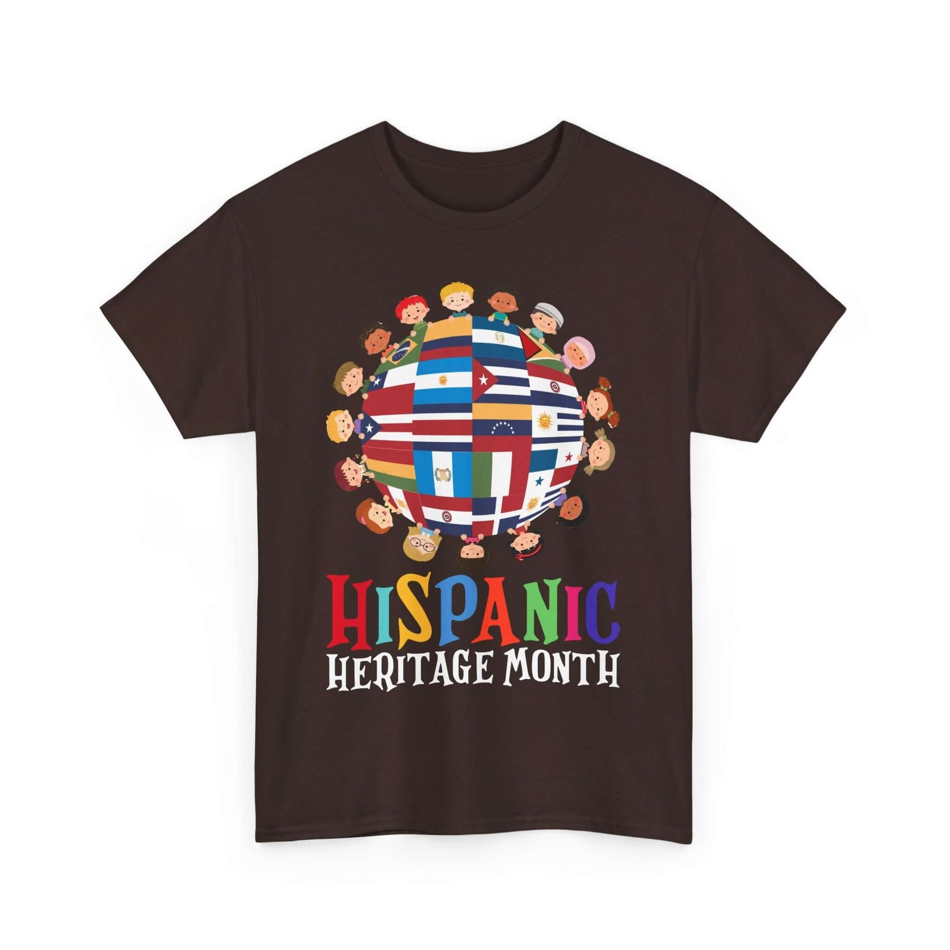 Kids' T-shirt celebrating Hispanic Heritage Month with colorful globe of Hispanic flags.