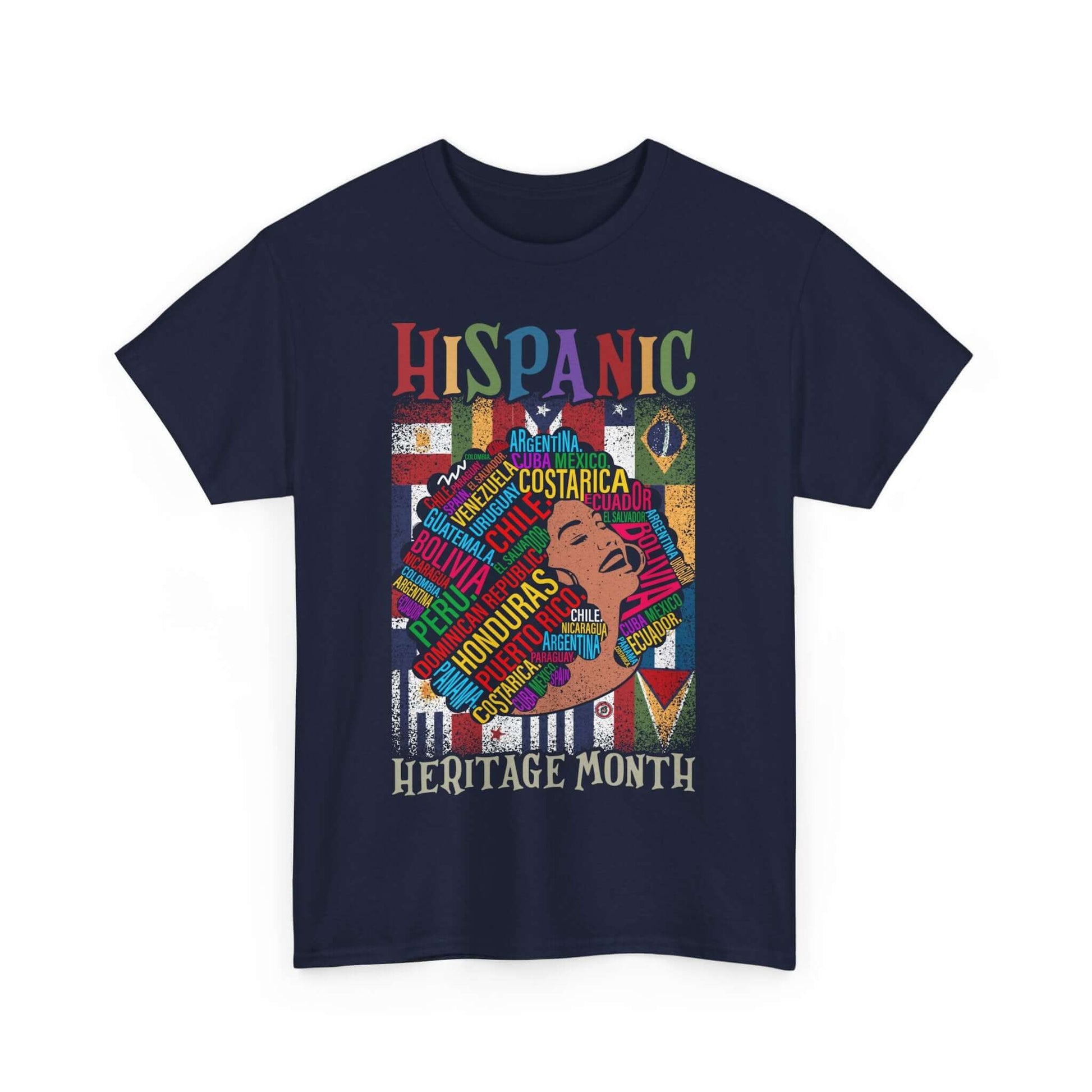 Hispanic Heritage Tee with flags forming a portrait, bold text and vibrant colors for cultural pride and celebration.