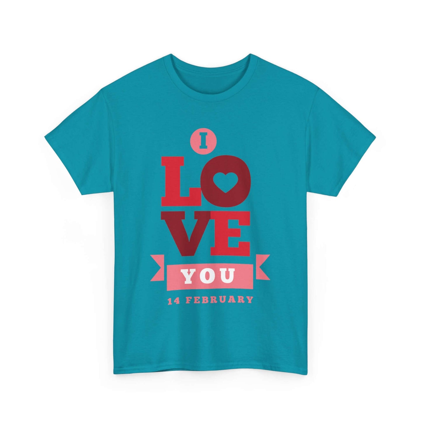 Valentine's Day Love T-Shirt with "I Love You" design, perfect couple's gift for February 14, romantic statement tee in teal.
