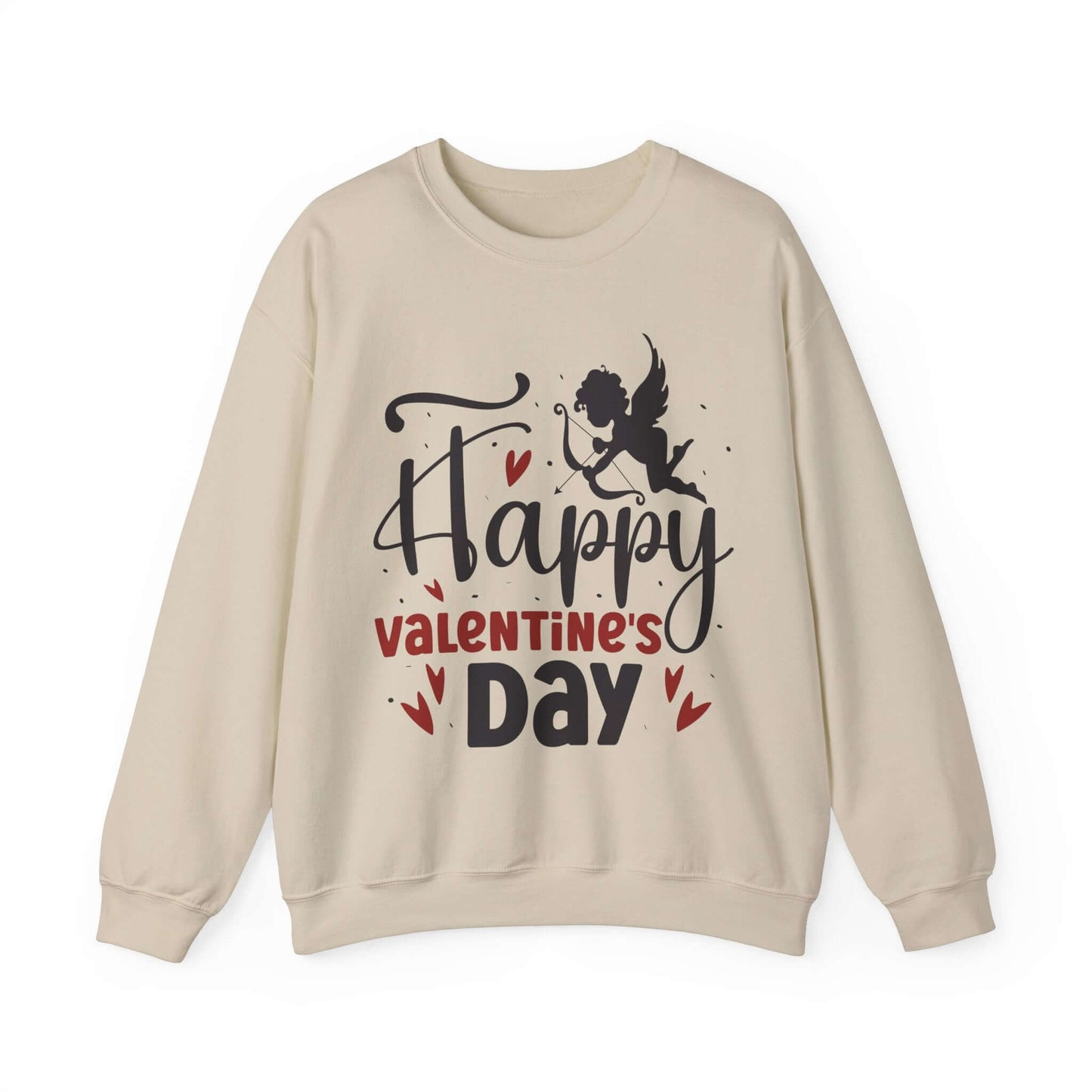 Valentine's Day sweatshirt with 'Happy Valentine's Day' text and cupid graphic, beige color, unisex design.