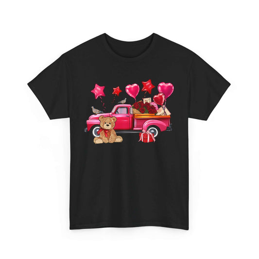 Valentine's Day Tee featuring vintage truck, roses, balloons, and teddy bear design on unisex heavy cotton t-shirt.