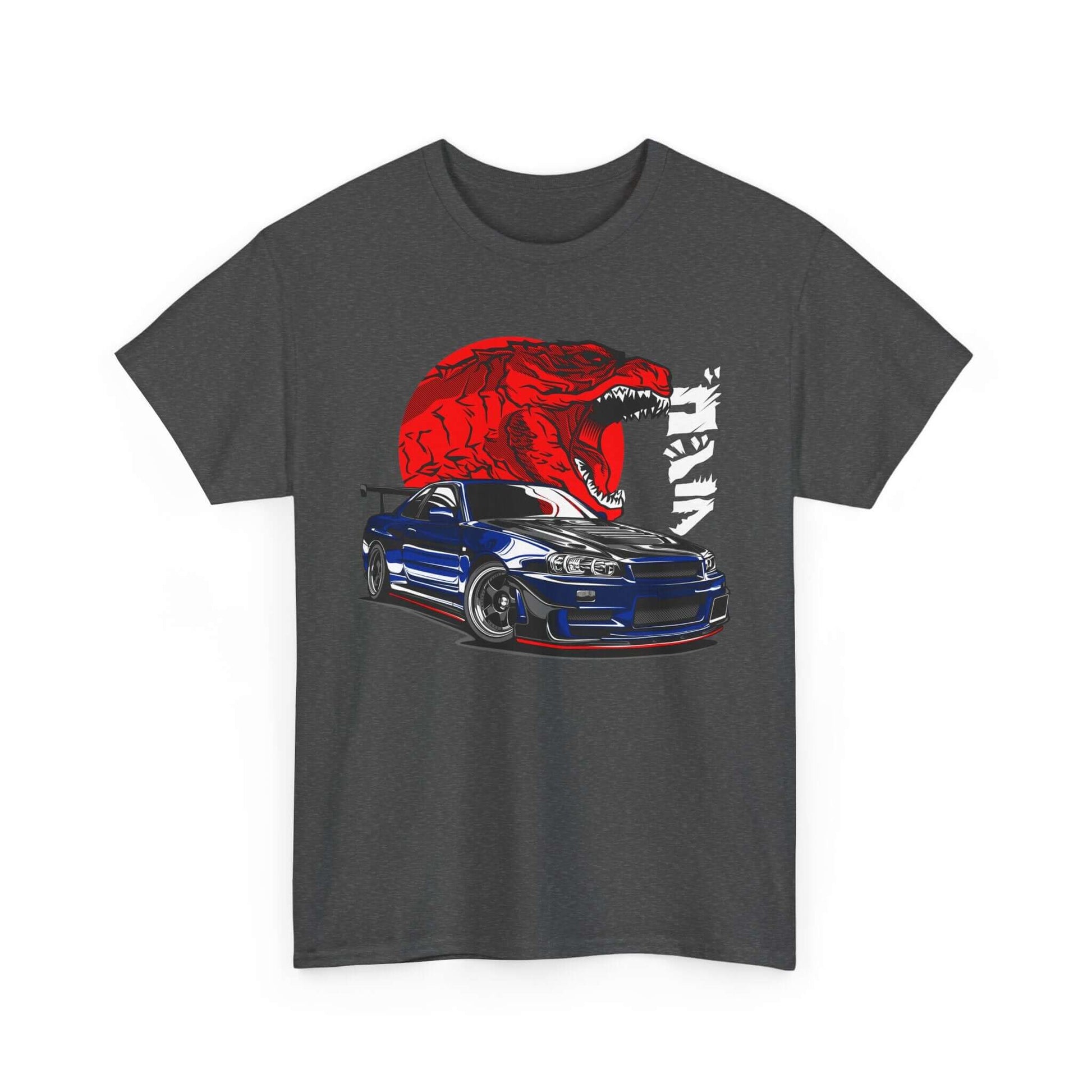 Dinosaur Street Racing Tee featuring T-Rex and JDM car design, perfect for automotive and dinosaur enthusiasts.