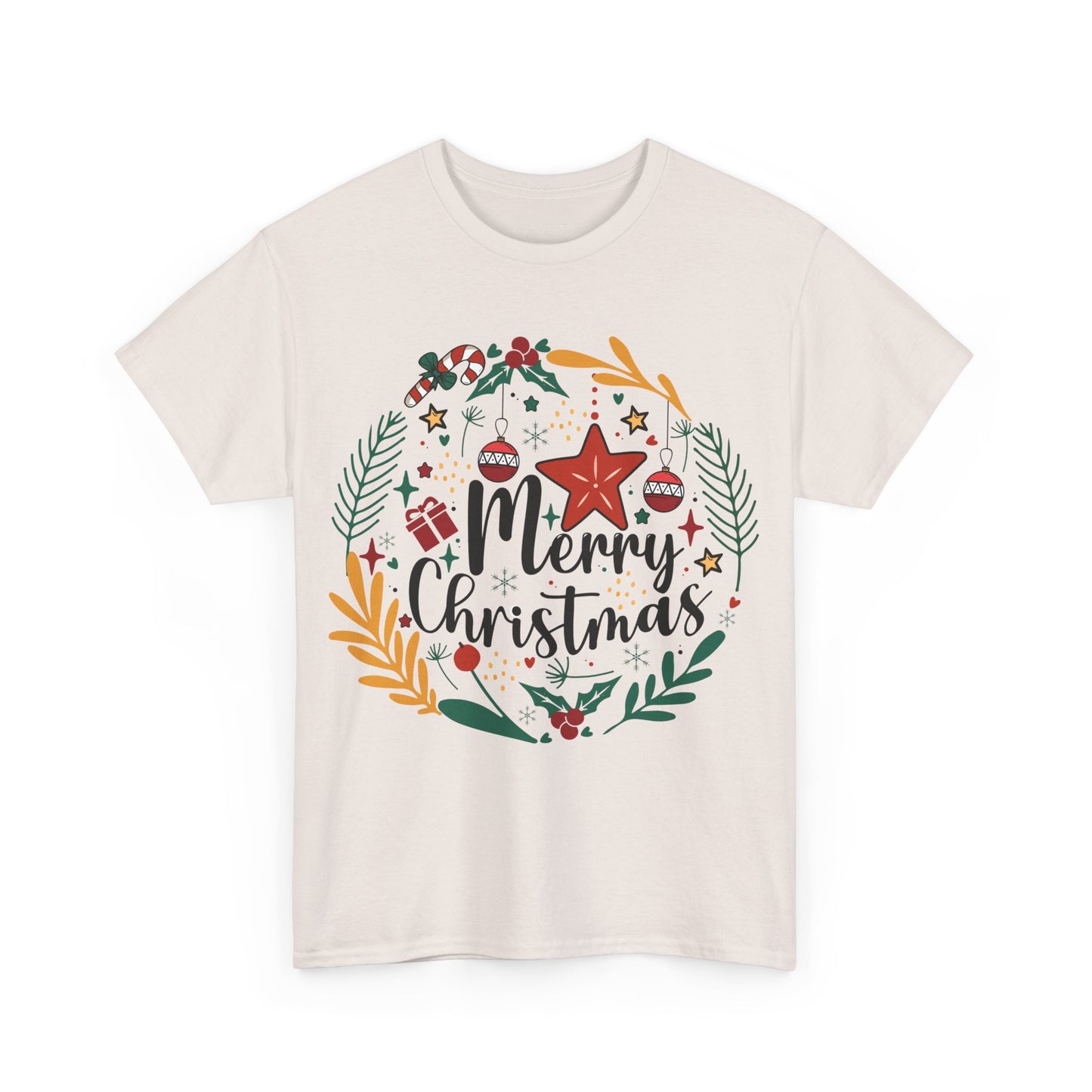Christmas Wreath Tee featuring "Merry Christmas" design in vibrant colors, perfect for festive holiday celebrations.
