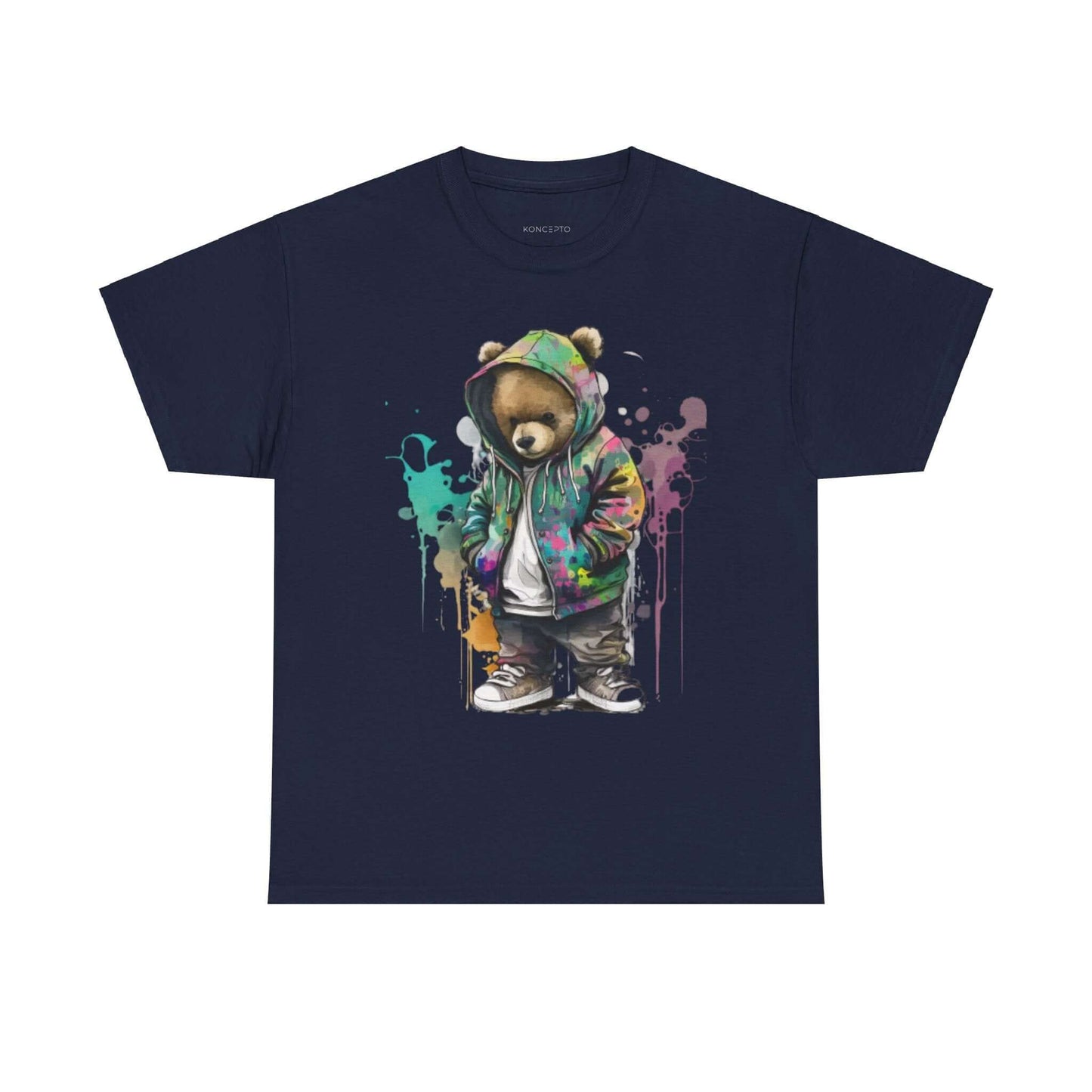 Fashion-ready tee with vibrant bear design, classic fit, colorful hoodie, perfect for casual outfits and versatile styling.