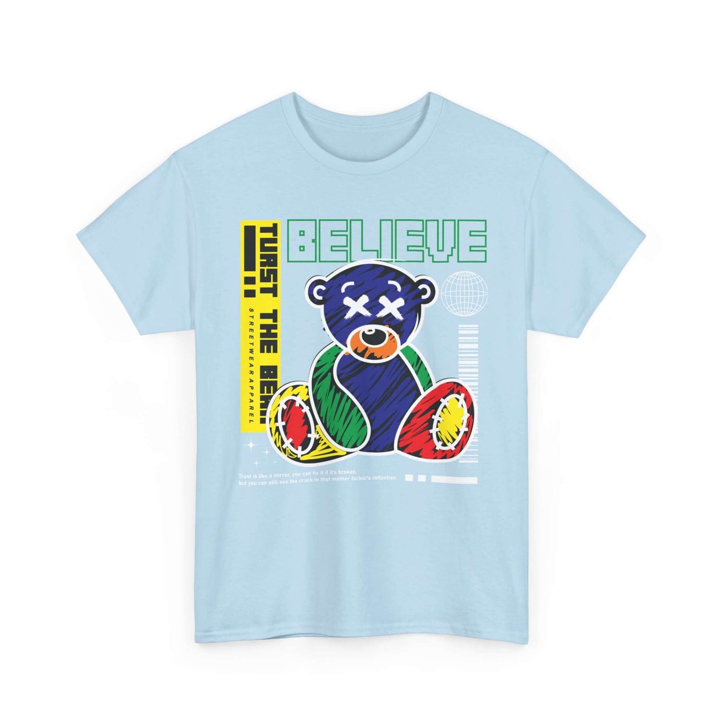 Bear Believe Unisex Tee with colorful bear and inspirational quote, made of heavy cotton. Perfect for casual wear and motivational style.