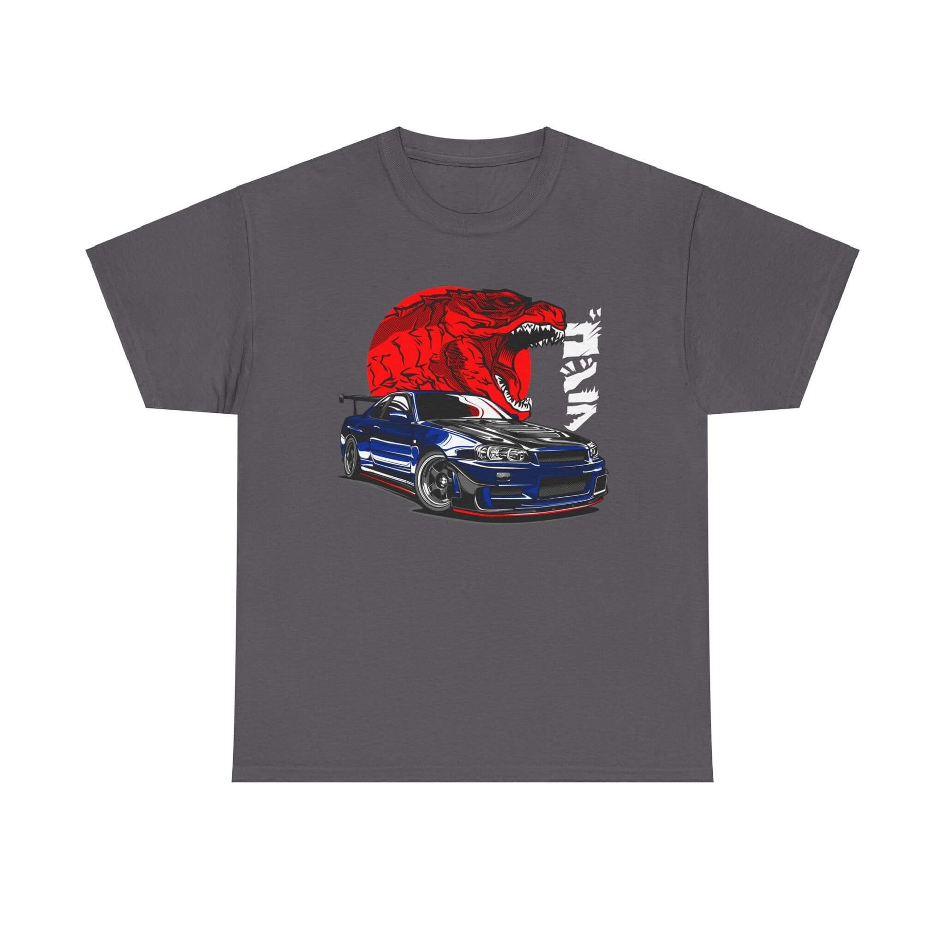 Gray tee featuring a red dinosaur and a sleek JDM street racing car design, perfect for dinosaur and car enthusiasts.