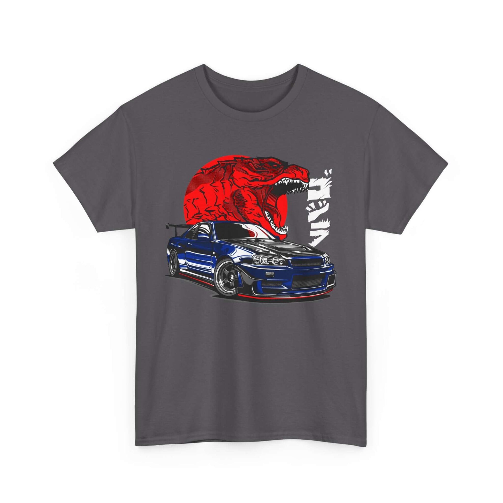 Dinosaur Street Racing Tee featuring GT-R car and red T-Rex, ideal for car and dinosaur enthusiasts, edgy fashion statement.