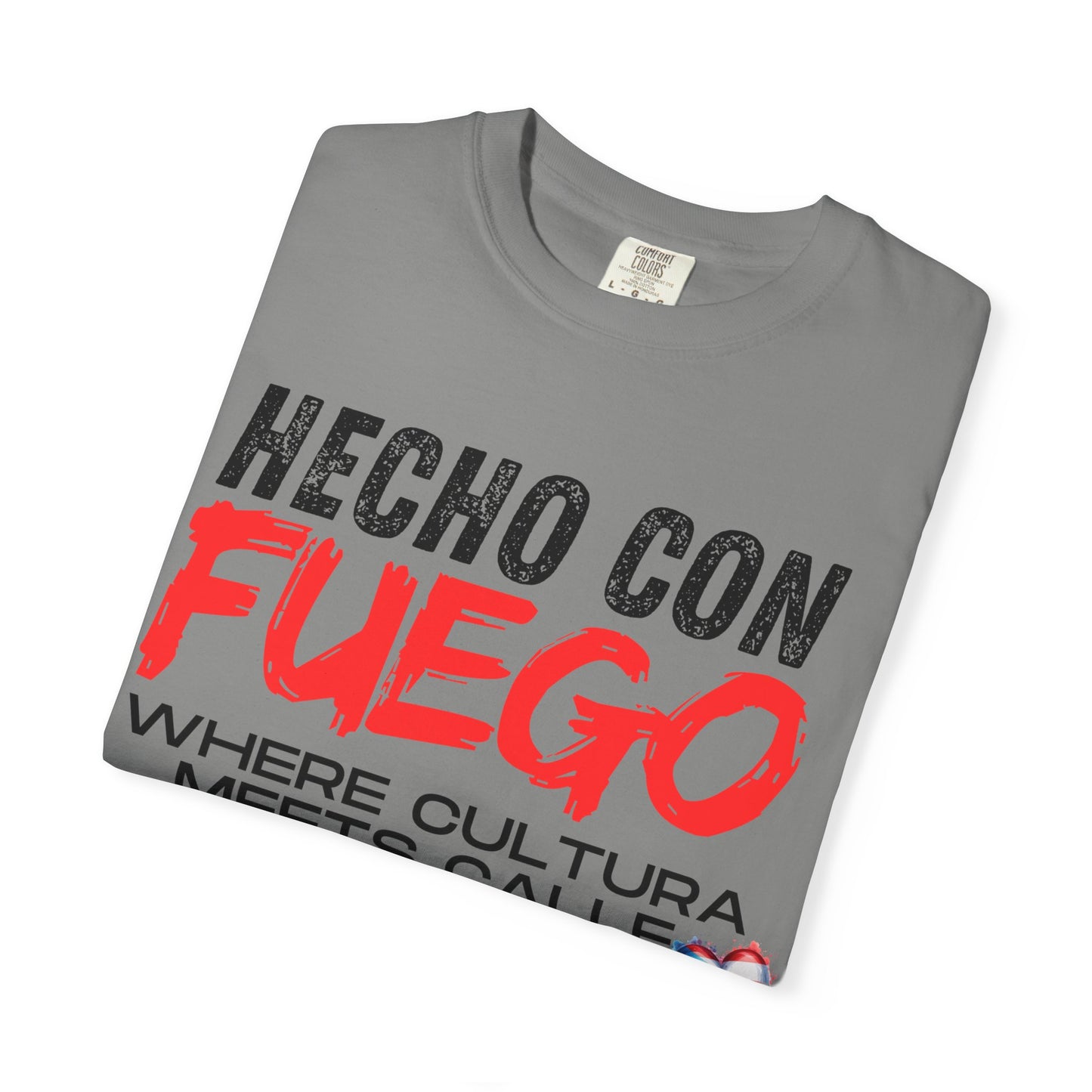 FUEGO T-Shirt, Boricua Pride Graphic Tee, Spanglish Streetwear, Puerto Rican Flag Heart Design