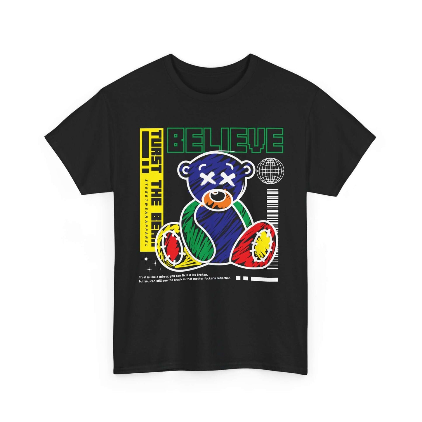 Unisex tee with multi-colored bear design and inspirational 'Believe' text, perfect for casual wear and gifts.