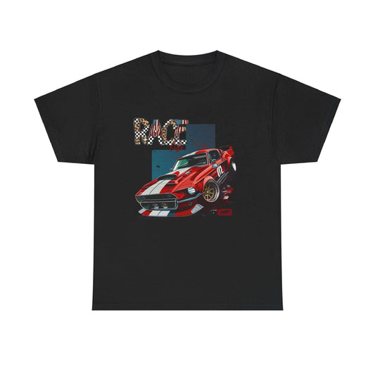 Racing Life Muscle Car T-Shirt with iconic Mustang, racing stripes, and patriotic RACE life emblem on black tee