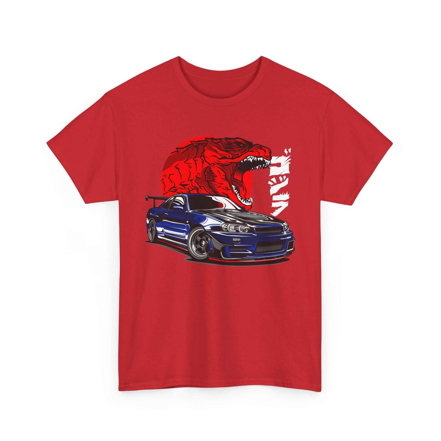 Red Dinosaur Street Racing Tee featuring GT-R Rex with sleek JDM car design, perfect for dinosaur and car enthusiasts.