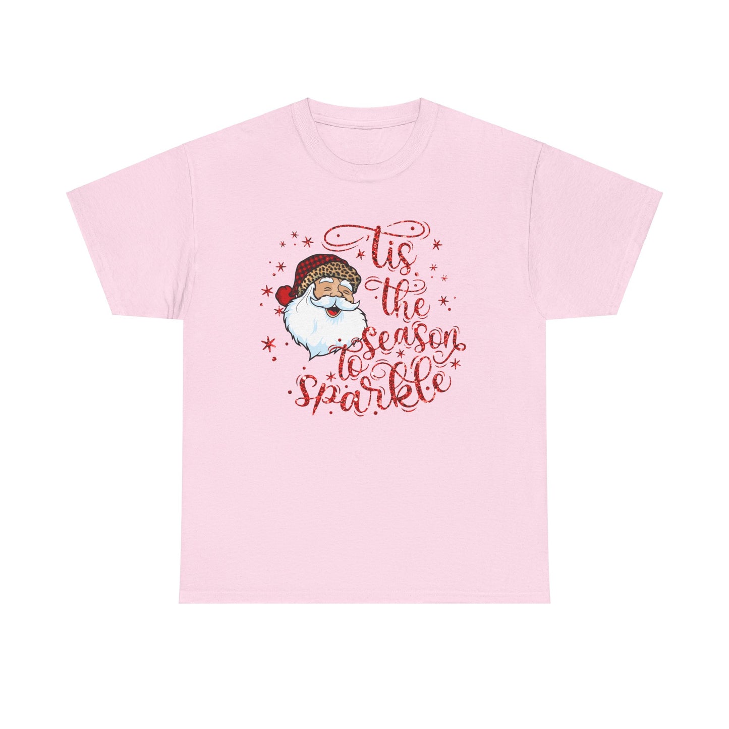 Pink t-shirt featuring 'Tis the Season to Sparkle' design with cheerful Santa Claus and glittery stars for festive celebrations.
