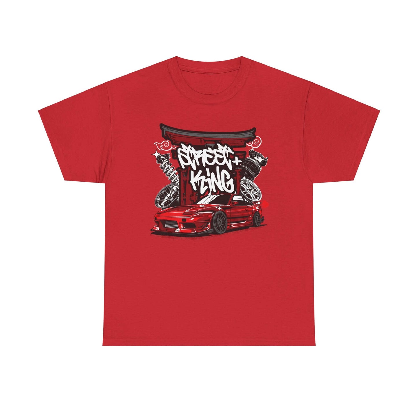 Stylized red sports car design at Japanese Torii gate on edgy streetwear T-shirt for car enthusiasts.