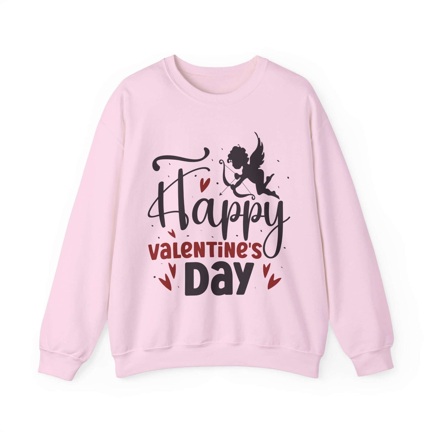 Pink Valentine's Day sweatshirt with cupid and 'Happy Valentine's Day' text, featuring heart accents. Ideal for festive gifting.