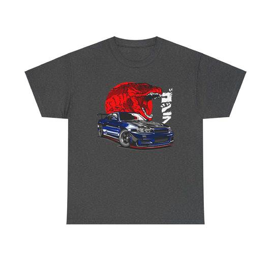 Dinosaur Street Racing Tee featuring a red T-Rex and sleek JDM car, perfect for fans of dinosaurs and automotive culture.