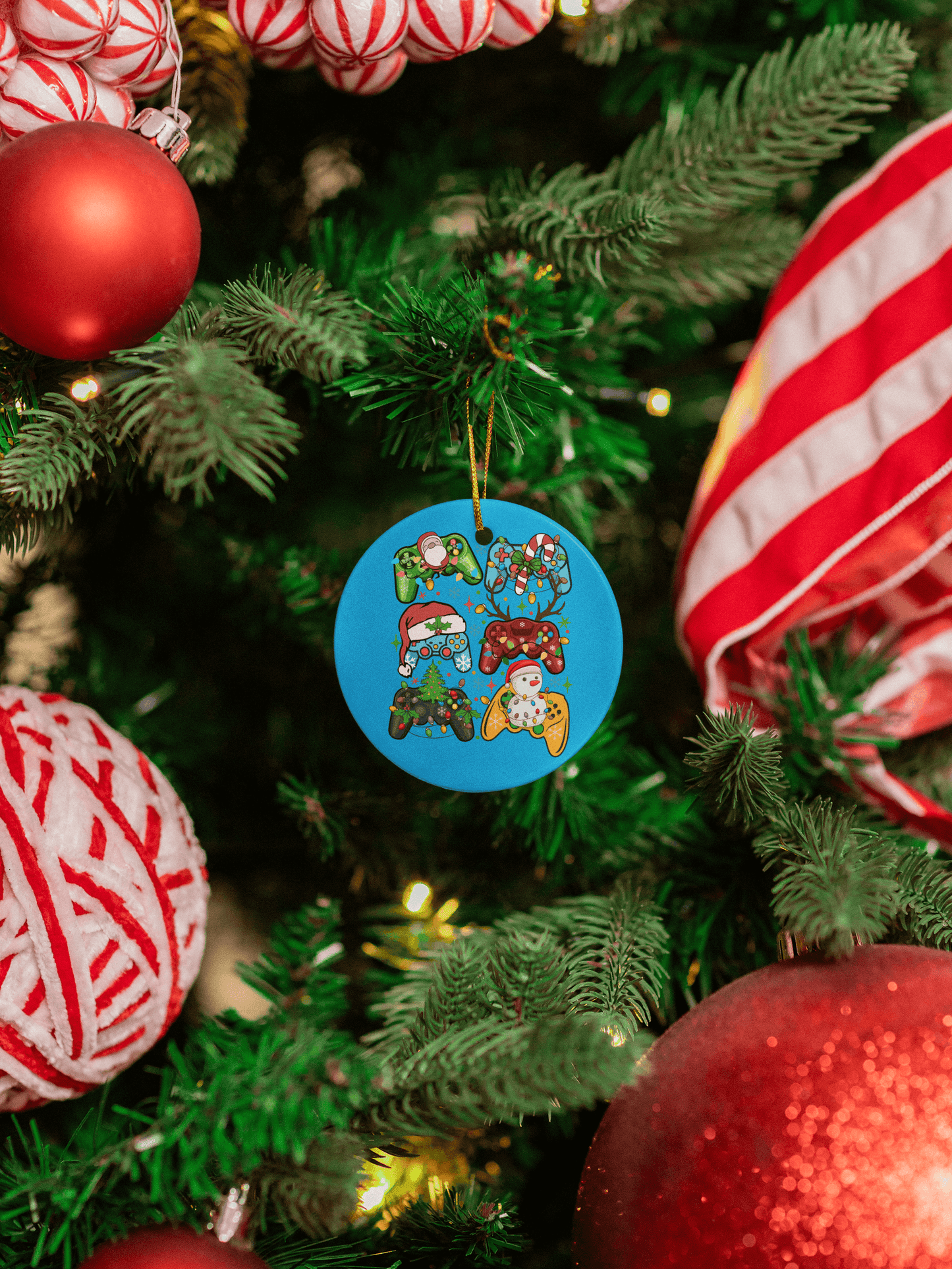 Colorful round ornament featuring playful holiday designs, hanging on a decorated Christmas tree.