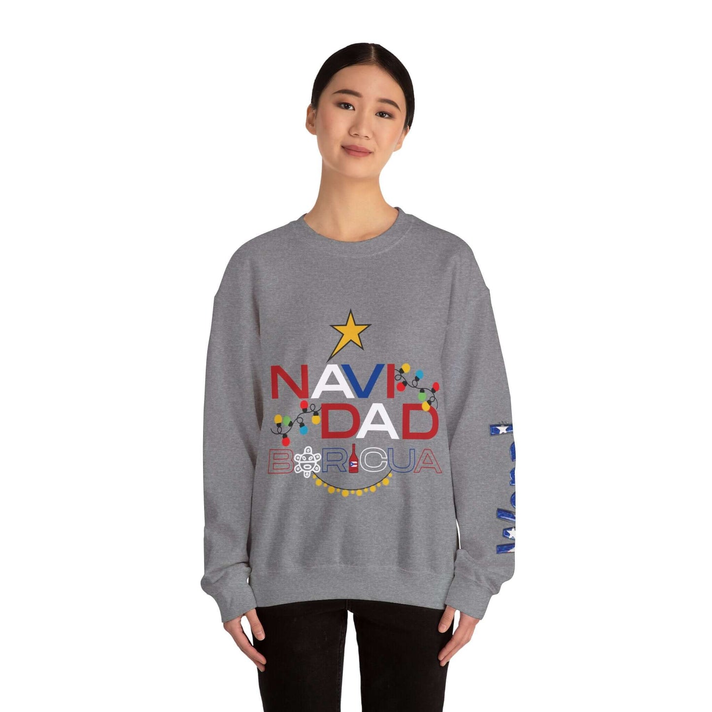 Woman wearing customizable Christmas sweater with "NAVIDAD BORICUA" and festive prints, showcasing vibrant holiday design.