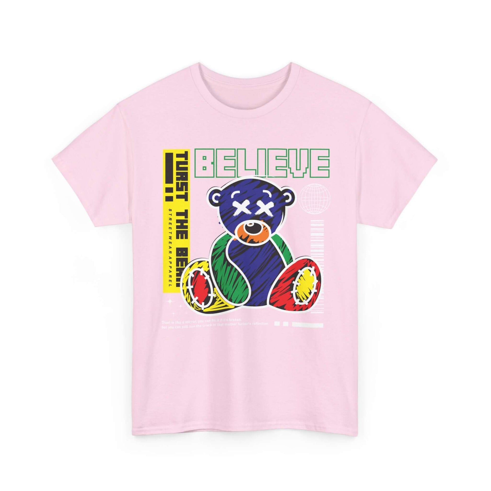 Bear Believe Unisex Tee with colorful bear design and inspirational quote, perfect for adding positivity to casual outfits and gifting.
