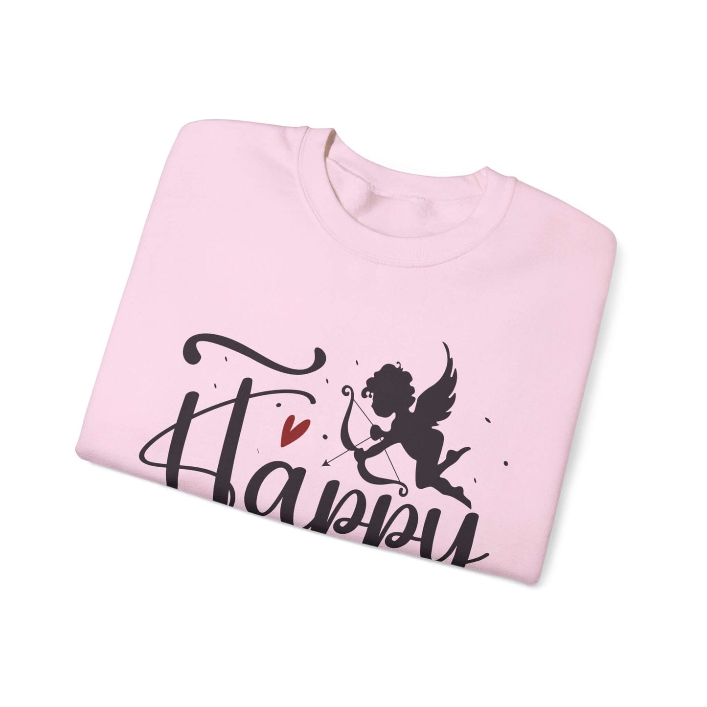 Pink Valentine's Day sweatshirt with a cupid graphic and the word 'Happy', ideal unisex romantic gift.