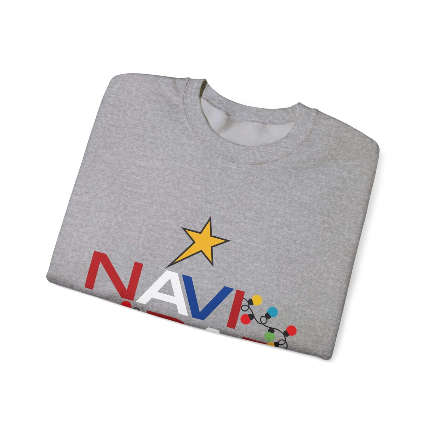 Customizable Christmas sweater with "NAVIDAD BORICUA" in bold colors; features star and festive design on gray fabric.