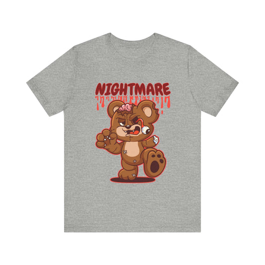 Creepy Teddy Bear Halloween Women's T-shirt - Stitched Up, Arm Missing, Blood Drip Cartoon, Scary Tee for Halloween Costumes Frightening Fun