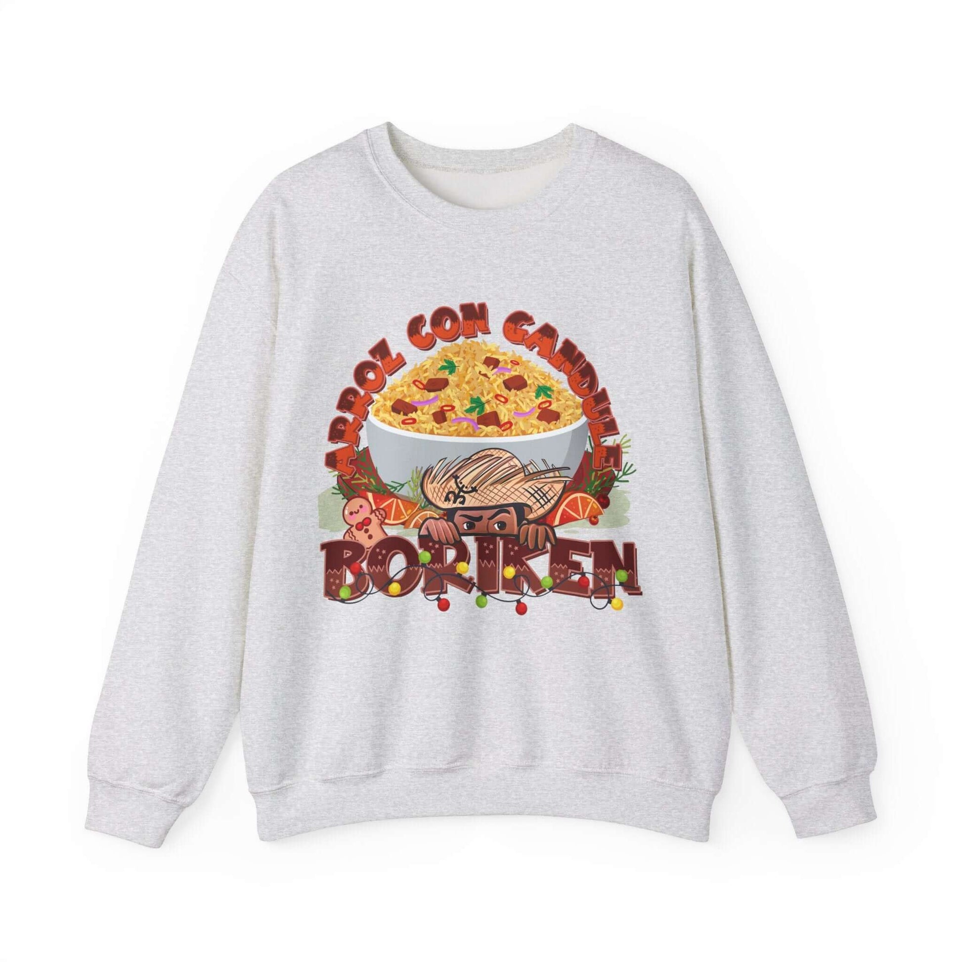 Arroz Con Gandules Christmas sweater with festive graphic of a rice bowl and holiday elements, featuring text "ARROZ CON GANDULES" and "BORIKÉN".