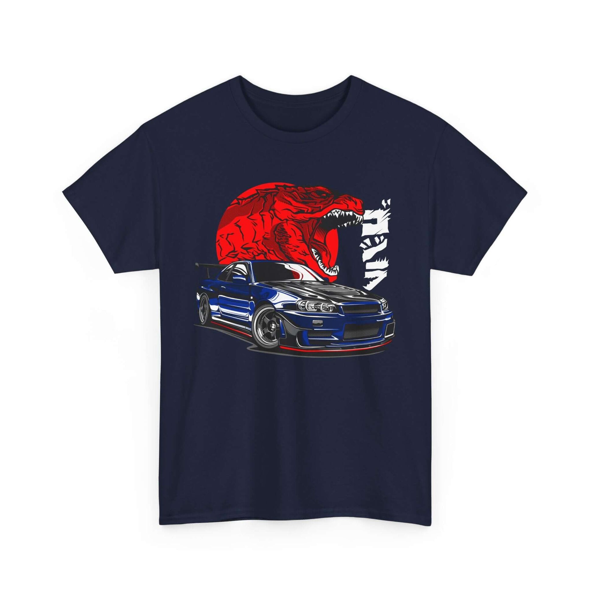Dinosaur Street Racing Tee featuring a red T-Rex and a sleek GT-R car on a black background, perfect for car and dinosaur enthusiasts.