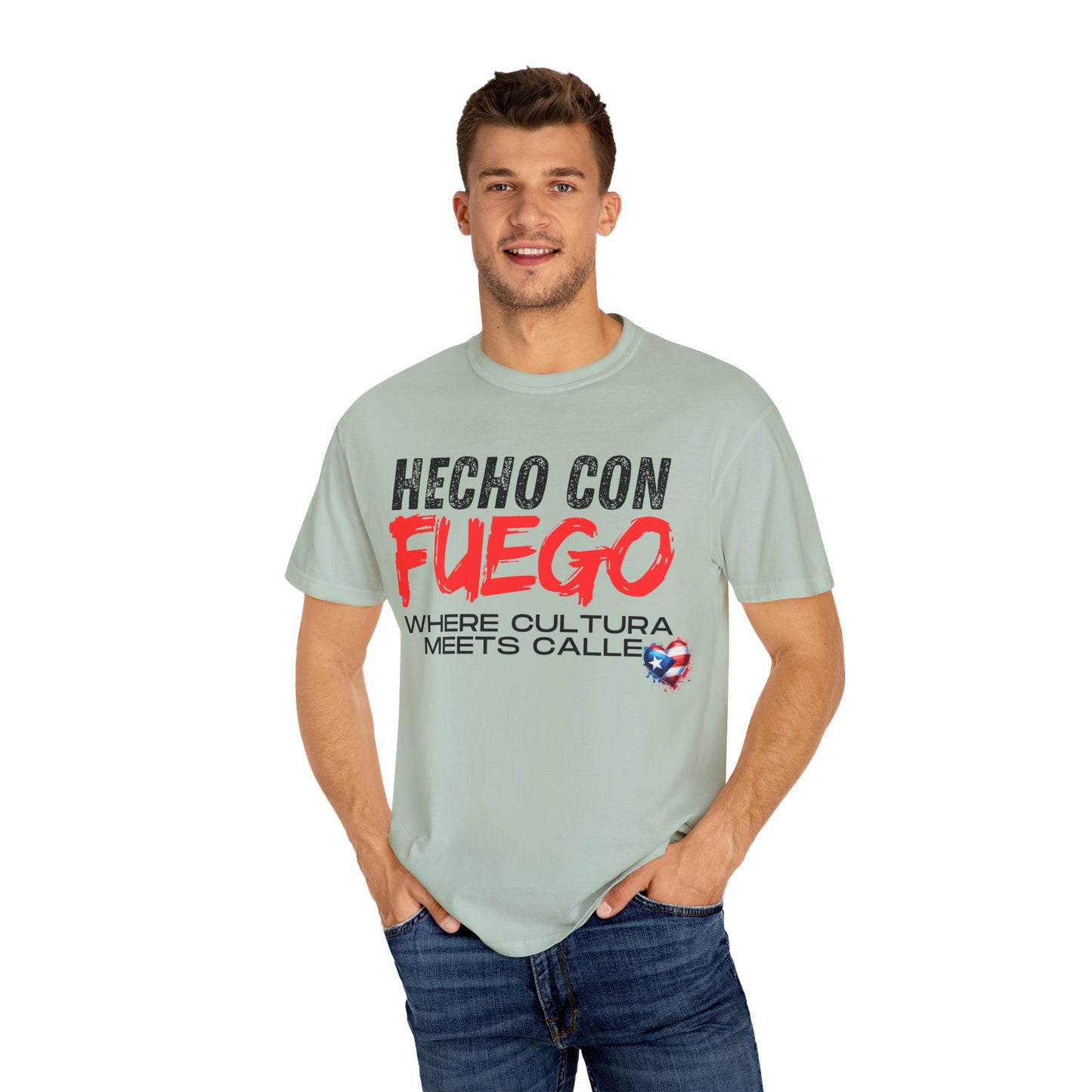 FUEGO T-Shirt, Boricua Pride Graphic Tee, Spanglish Streetwear, Puerto Rican Flag Heart Design