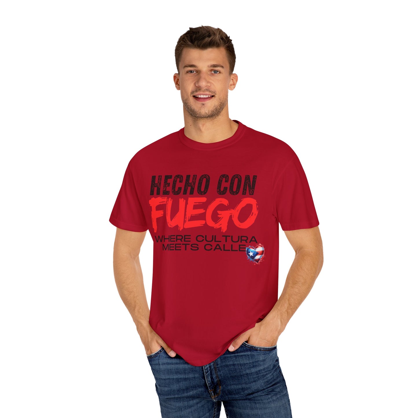 FUEGO T-Shirt, Boricua Pride Graphic Tee, Spanglish Streetwear, Puerto Rican Flag Heart Design