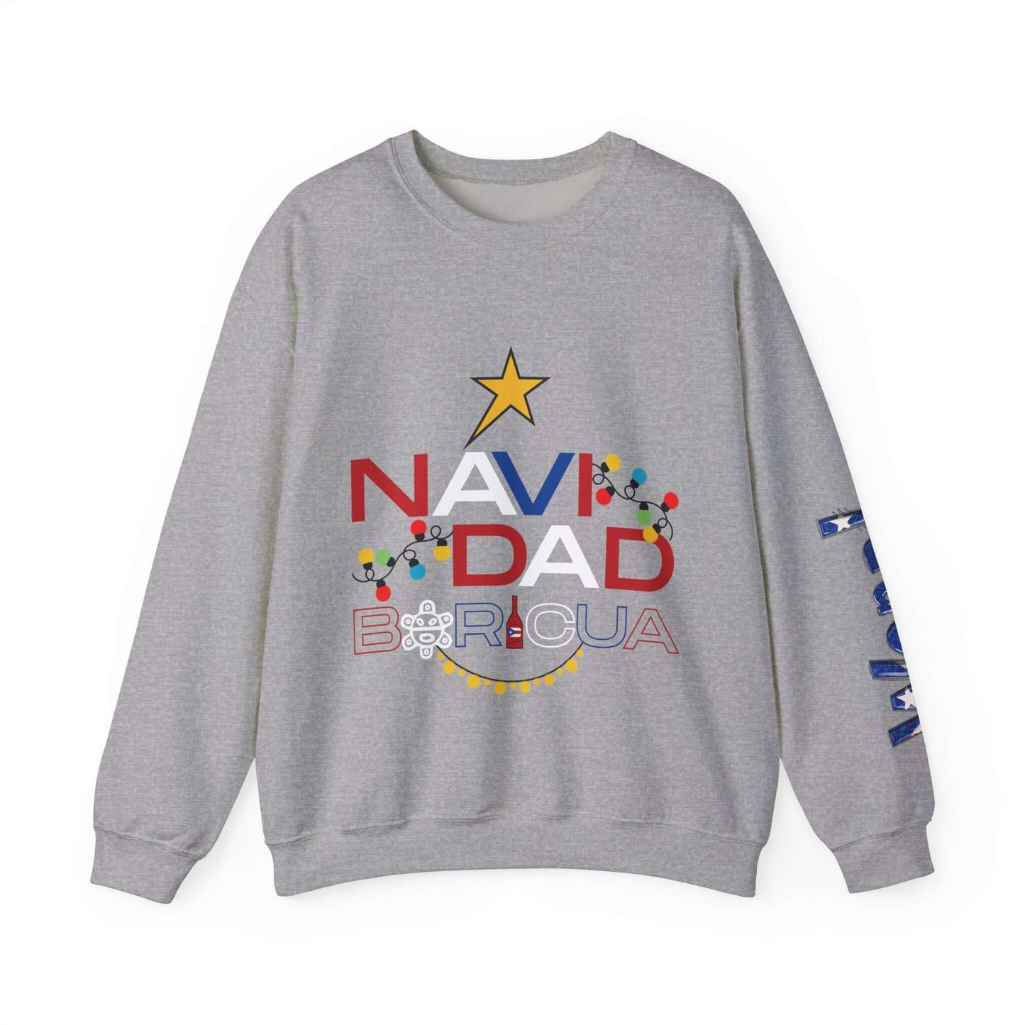 Customizable Christmas sweater with "NAVIDAD BORICUA" design in red, green, yellow on front and vibrant festive print on left sleeve.