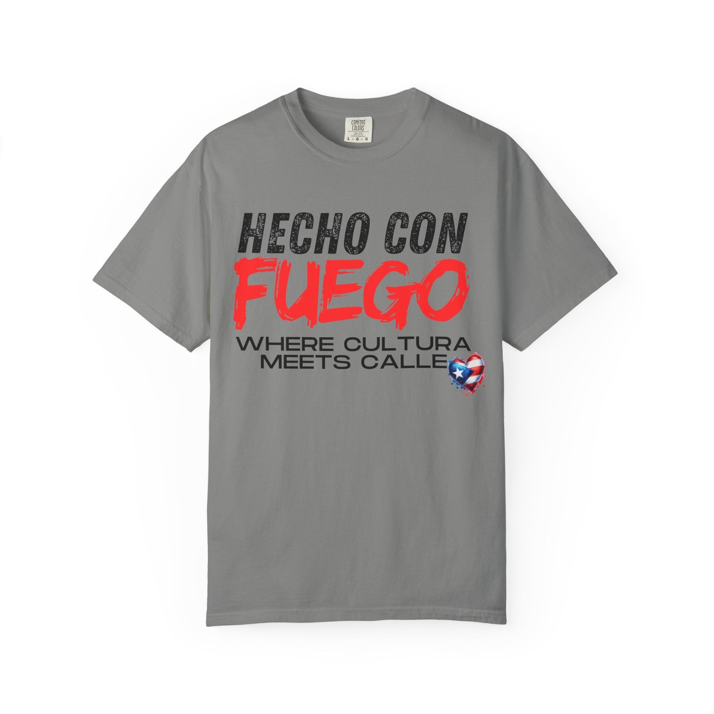 FUEGO T-Shirt, Boricua Pride Graphic Tee, Spanglish Streetwear, Puerto Rican Flag Heart Design