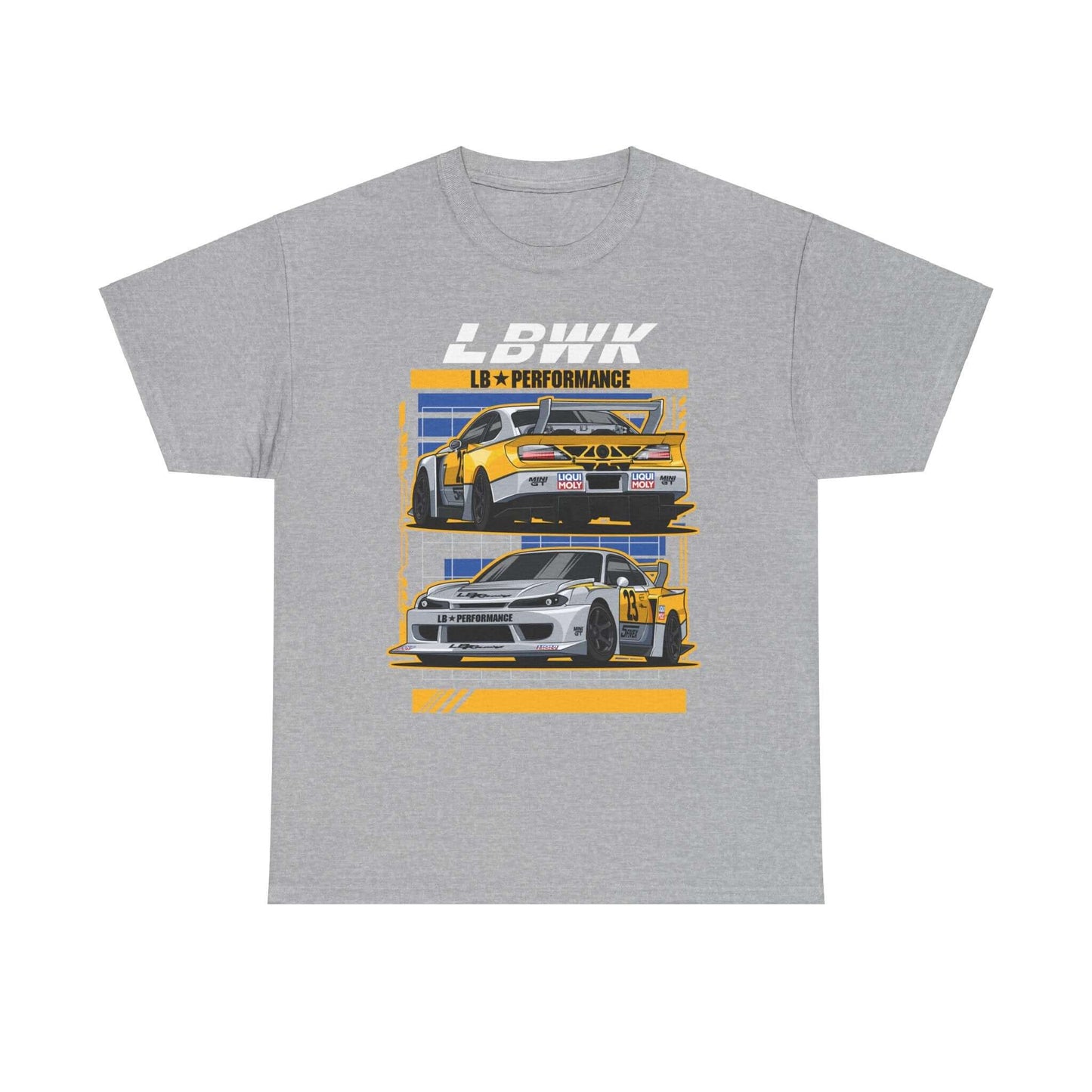 Retro Pop Art Tee with LB Performance Race Cars in Yellow & White Stripes - Ideal Holiday Gift for Car Enthusiasts