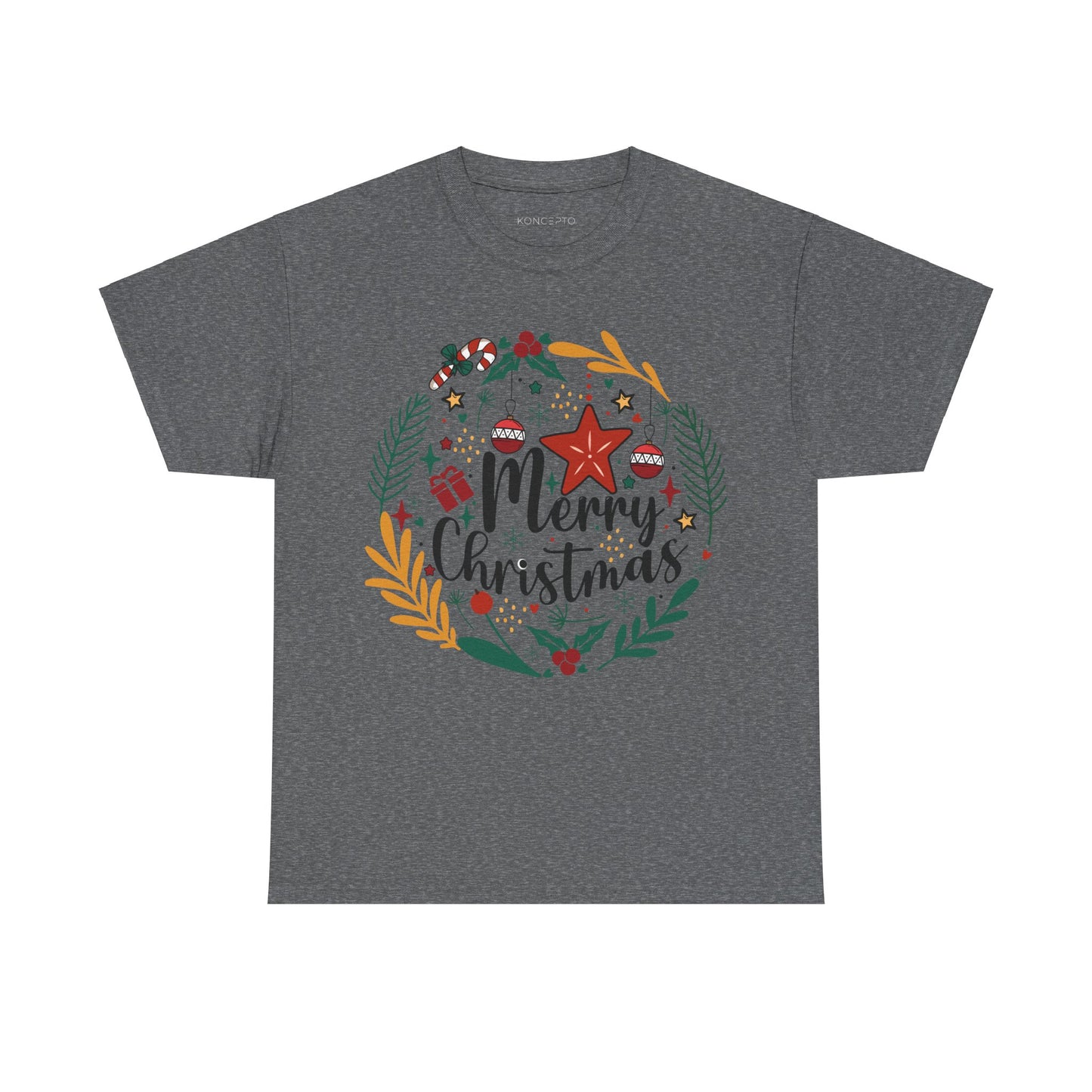 Unisex heavy cotton Christmas wreath tee featuring "Merry Christmas" design, perfect for festive holiday celebrations.