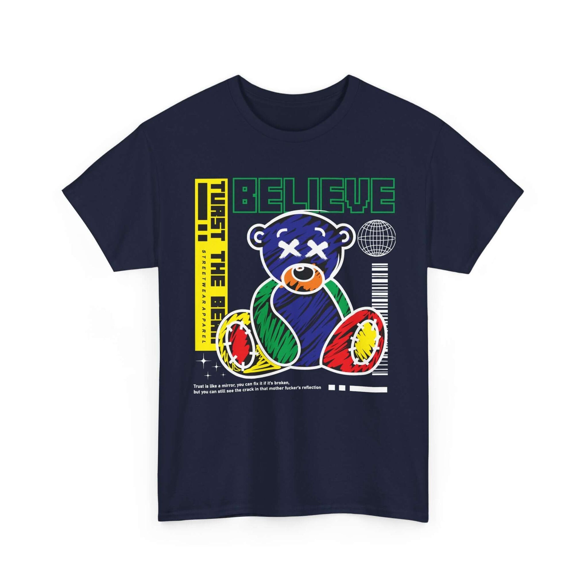 Bear Believe unisex tee with multicolor bear design and inspirational quote. Perfect for casual wear, positivity, and gifts.