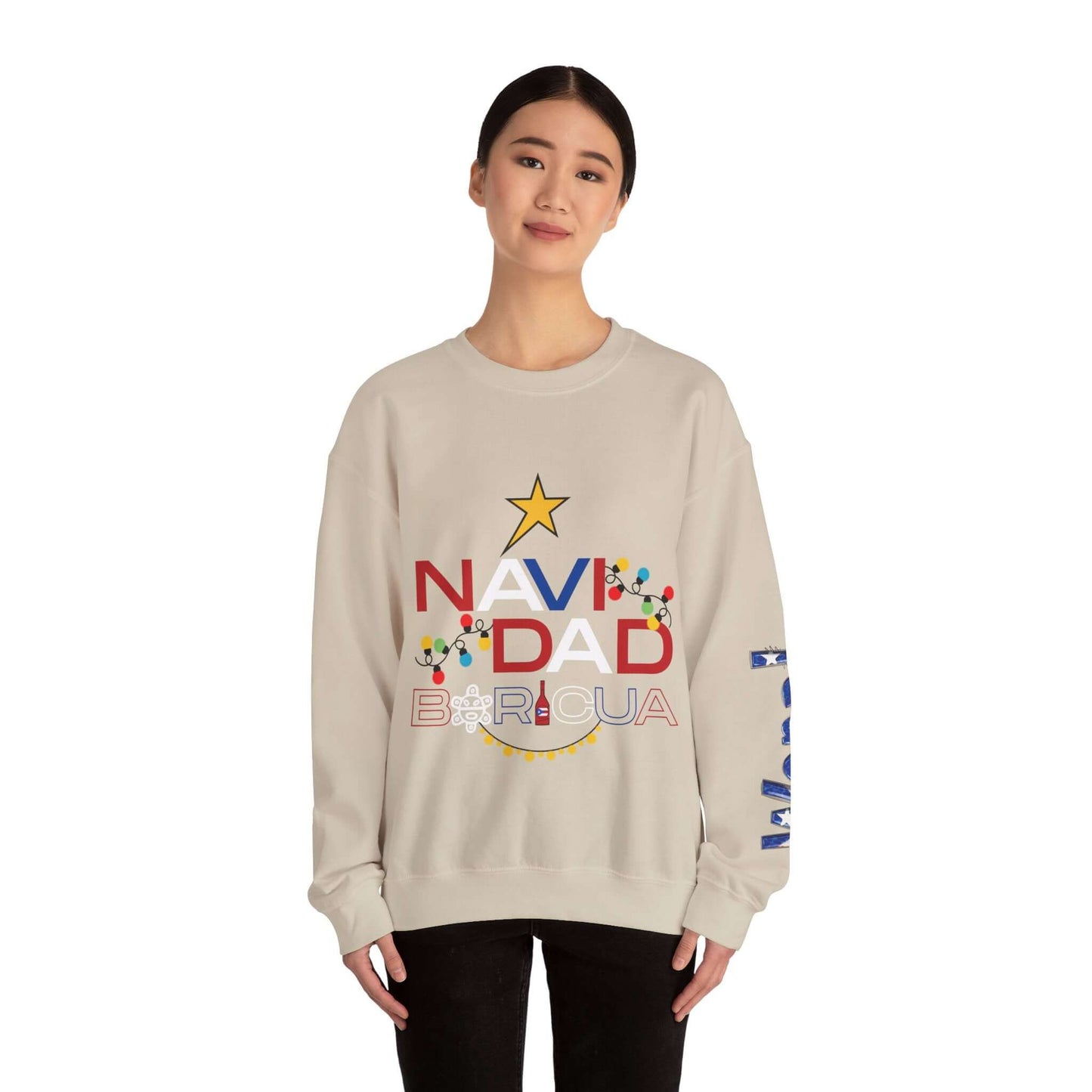 Woman wearing customizable Christmas sweater with "NAVIDAD BORICUA" and vibrant holiday prints, celebrating festive style.