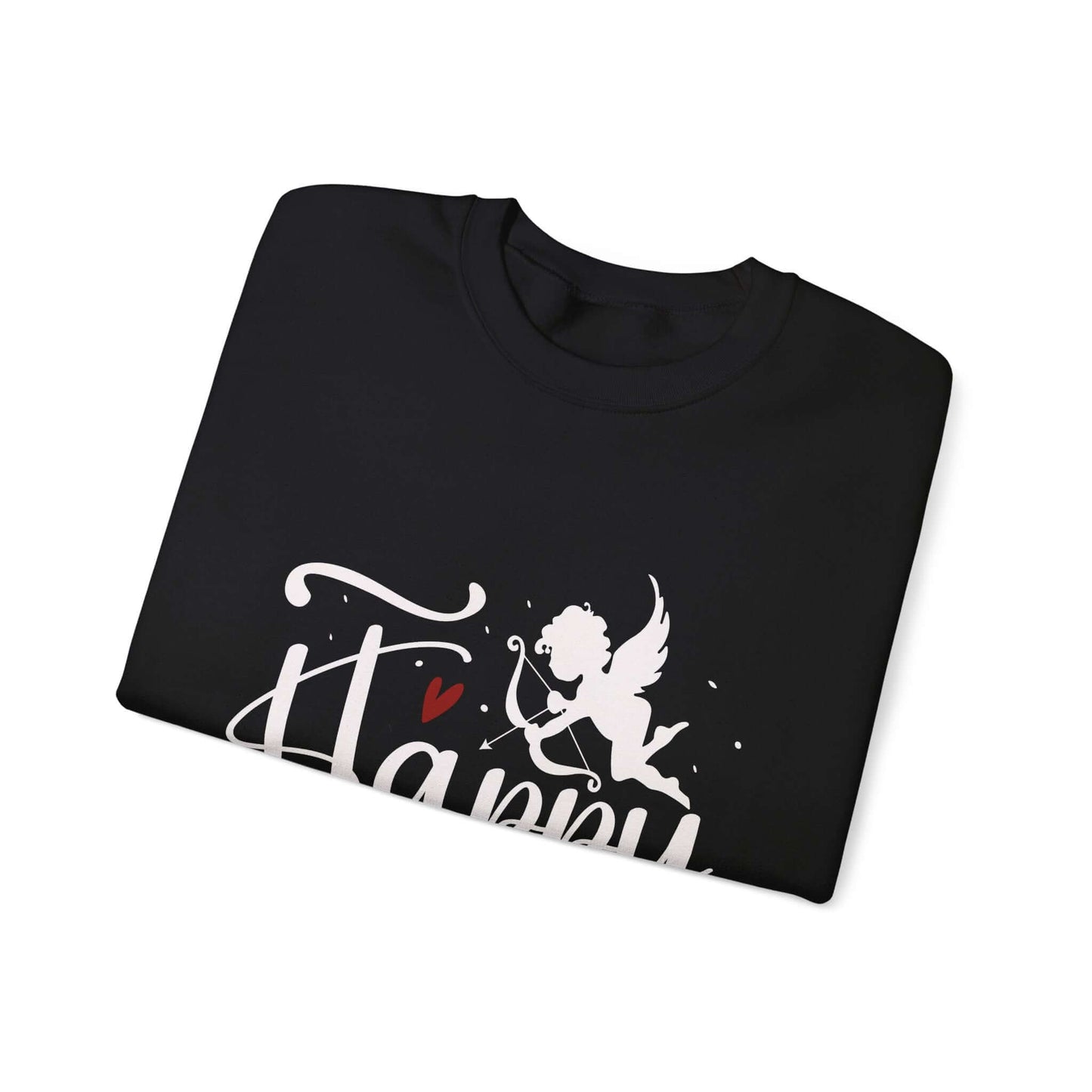 Black Valentine's Day sweatshirt with white text and Cupid graphic, featuring a heart design. Unisex romantic fashion. Perfect gift idea.