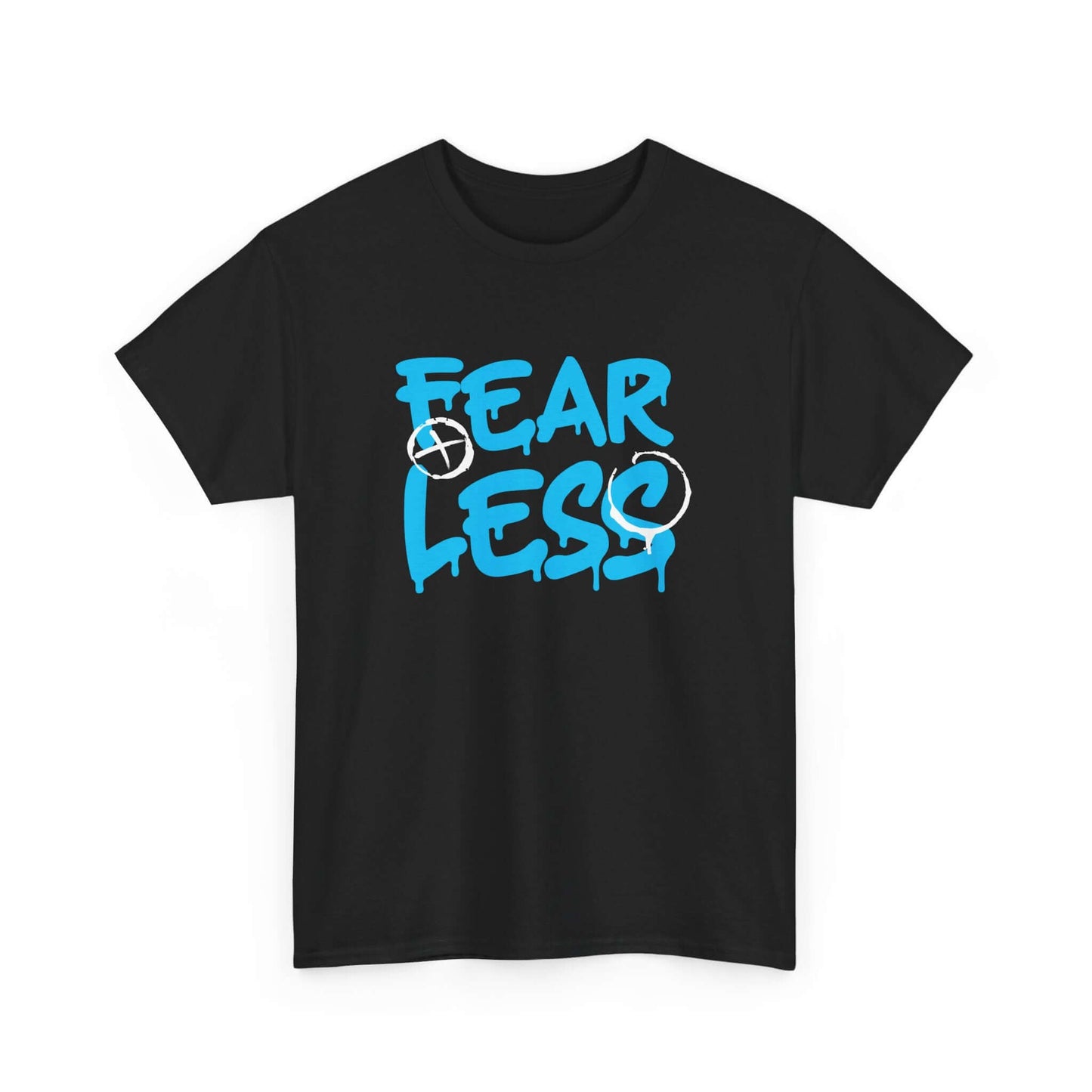Fearless Unisex Heavy Cotton Tee with bold 'FEAR LESS' text in blue, perfect for casual and confident everyday wear.
