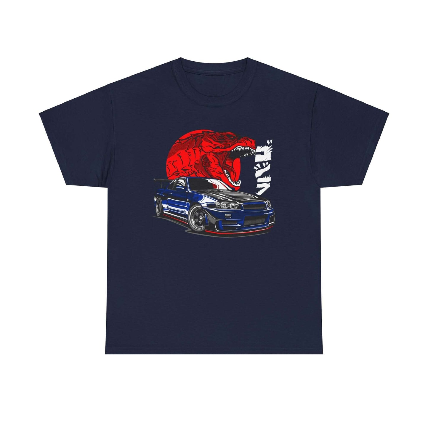 Dinosaur Street Racing Tee with GT-R Rex design, blending dinosaurs and street racing for a cool, edgy automotive style.