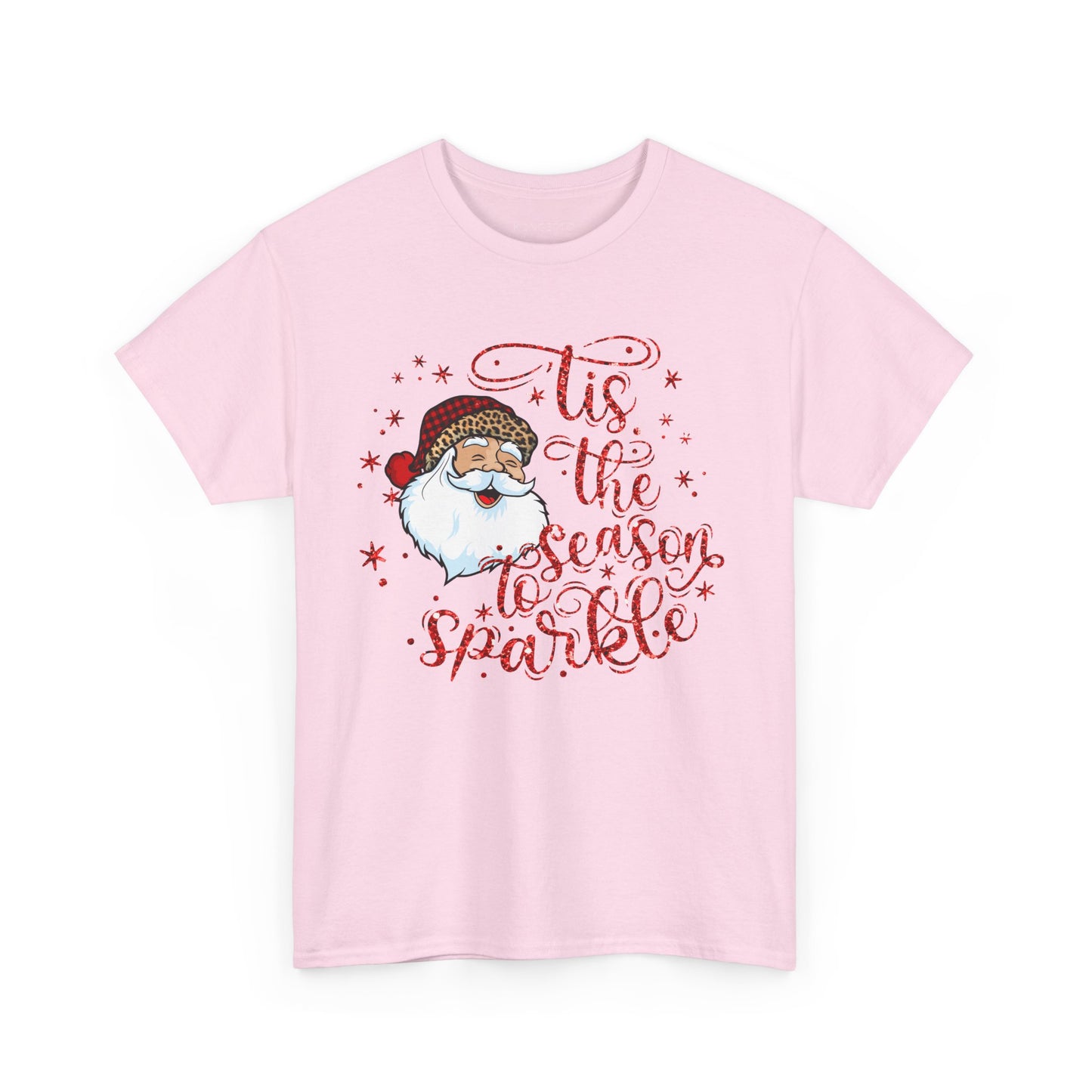 Santa Claus holiday design tee with 'Tis the Season to Sparkle' text and festive stars on a pink background.