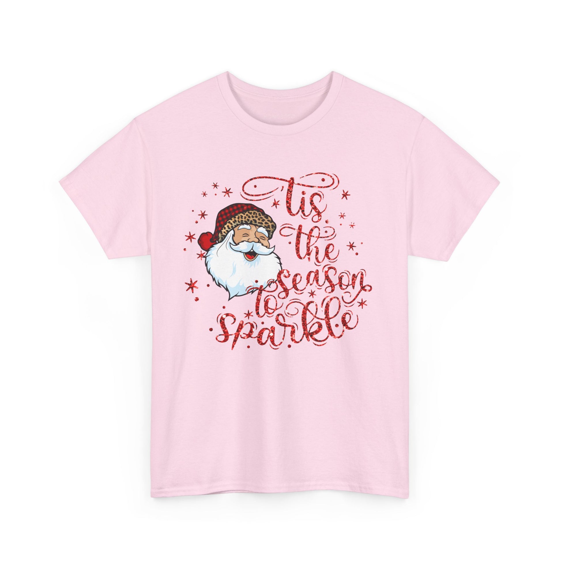Santa Claus holiday design tee with 'Tis the Season to Sparkle' text and festive stars on a pink background.