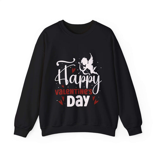 Black Valentine's Day sweatshirt with 'Happy Valentine's Day' graphic featuring a cupid and hearts, perfect for a romantic gift.