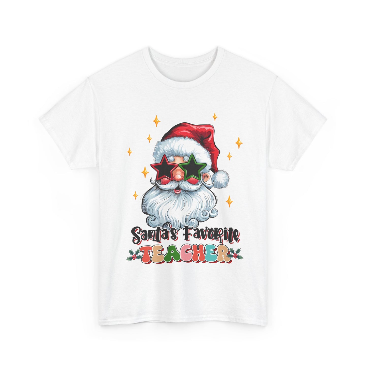 Santa's Favorite Teacher Christmas tee featuring a festive design with Santa in sunglasses on a white background.