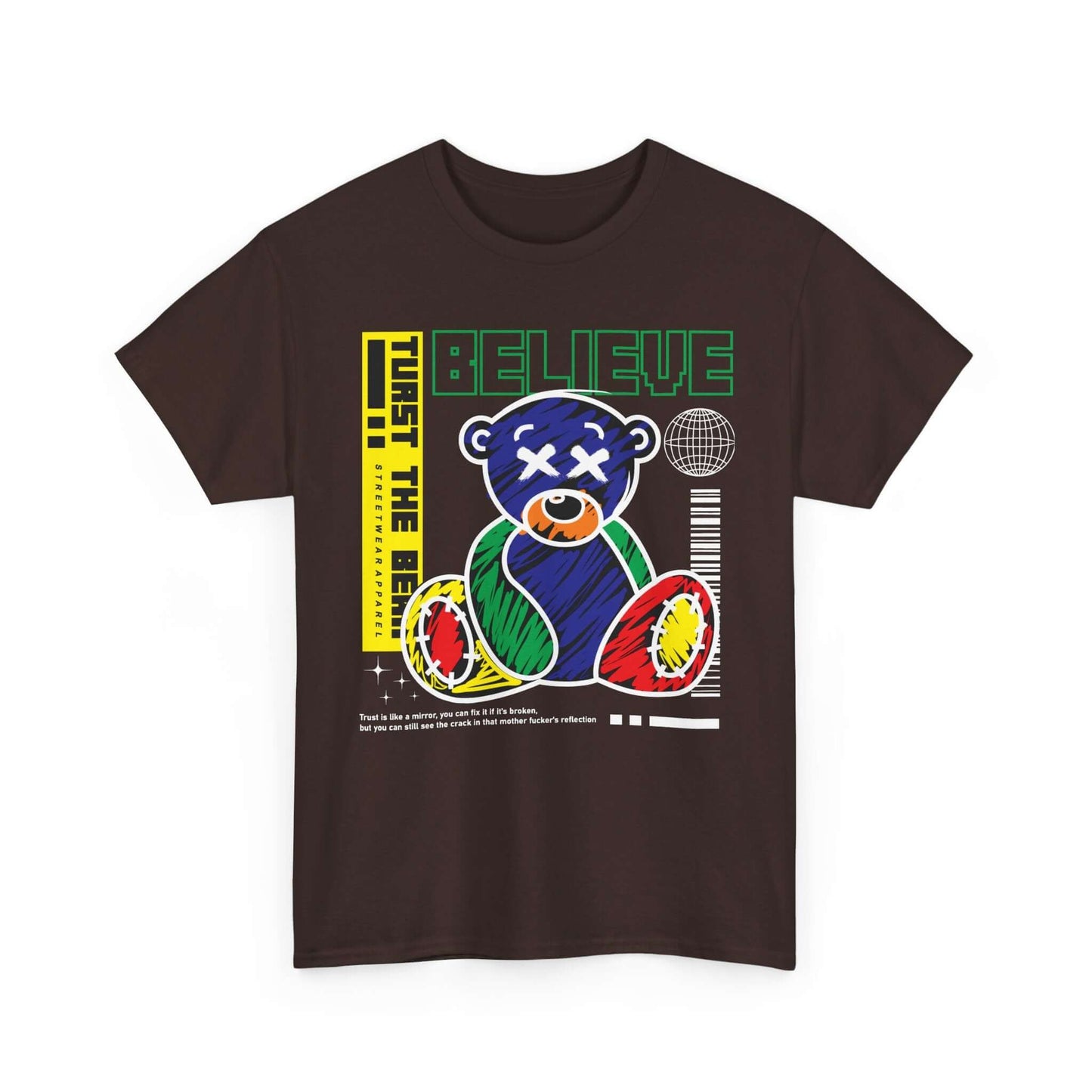 Bear Believe Unisex Tee featuring a colorful bear design with an inspirational quote, perfect for casual wear and motivational style.