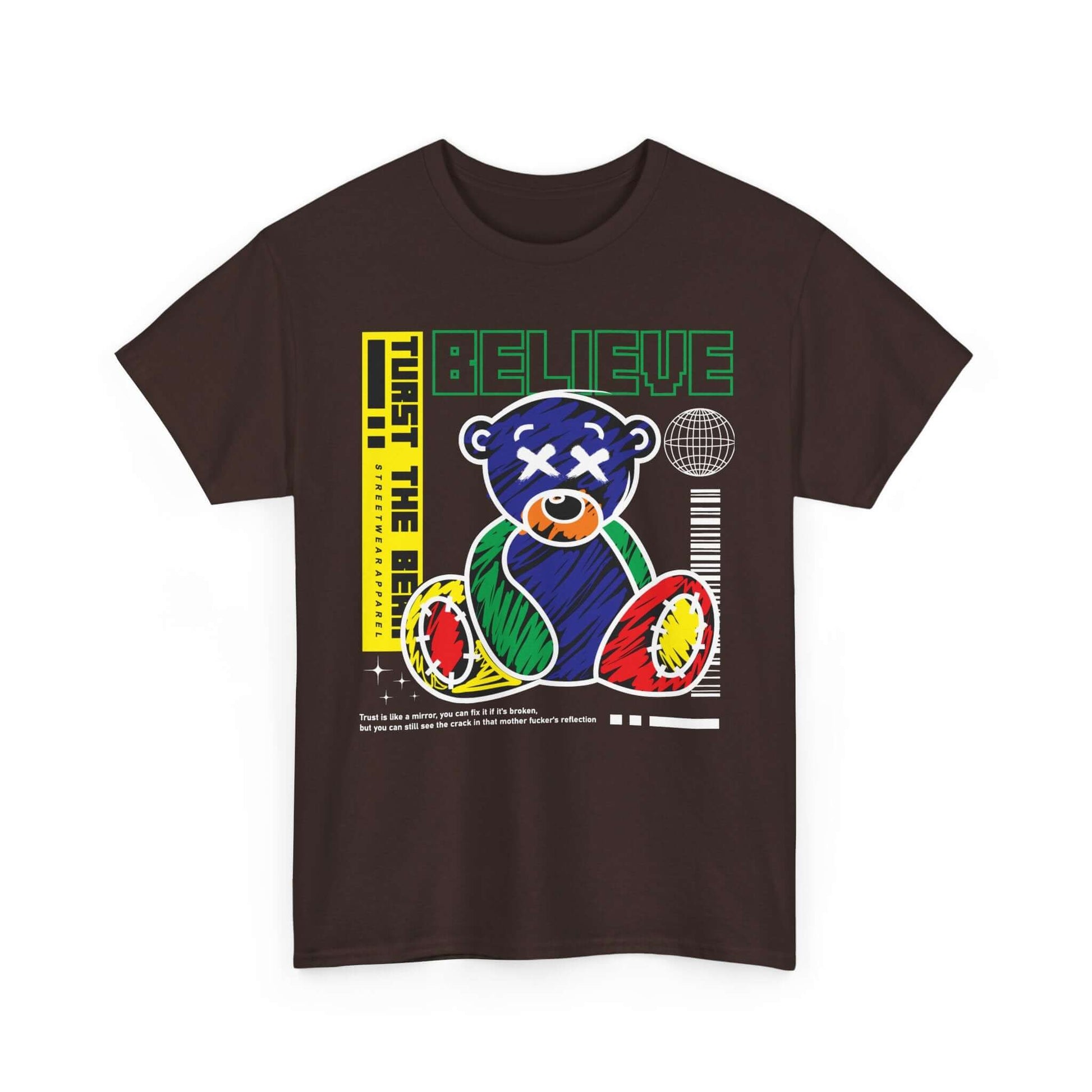 Bear Believe Unisex Tee featuring a colorful bear design with an inspirational quote, perfect for casual wear and motivational style.